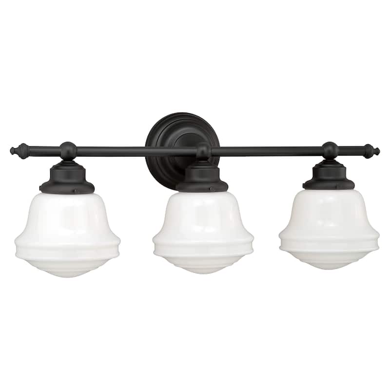 Huntley 3-Light 24 in. W Oil Rubbed Bronze Bathroom Vanity Lighting Fixture, White Schoolhouse Milk Glass Globe Shade, Dimmable