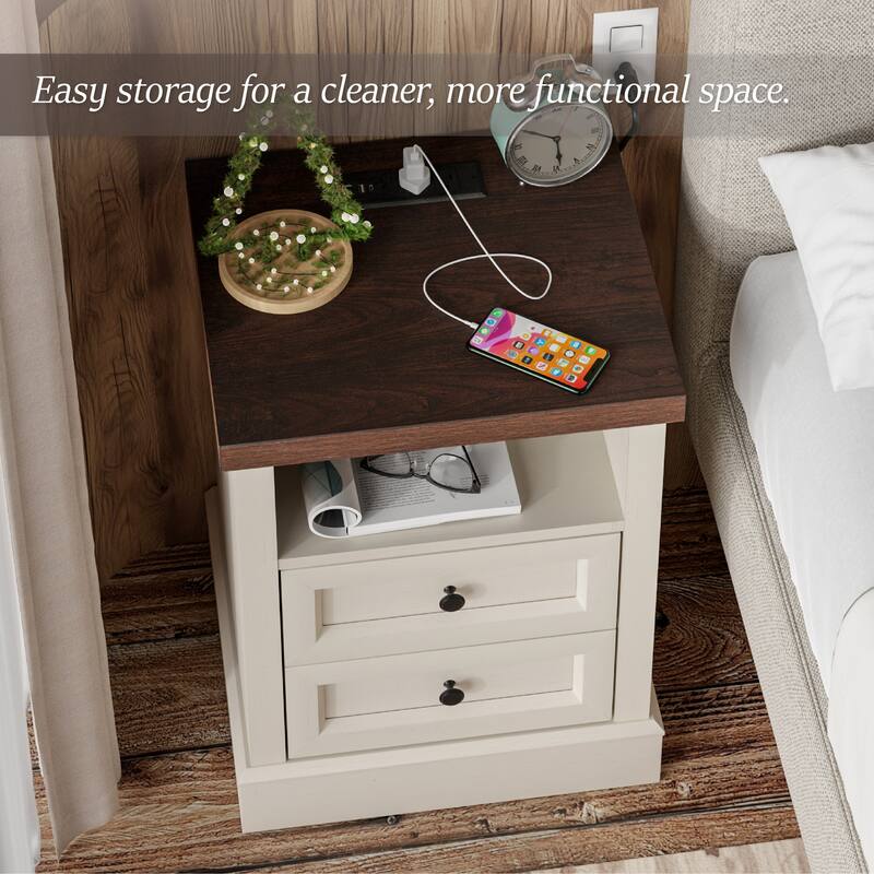 COZAYH Farmhouse Nightstand with Charging Station, Vintage Bedside Table Featuring Outlet & USB Ports, 2 Drawers and Open Shelf
