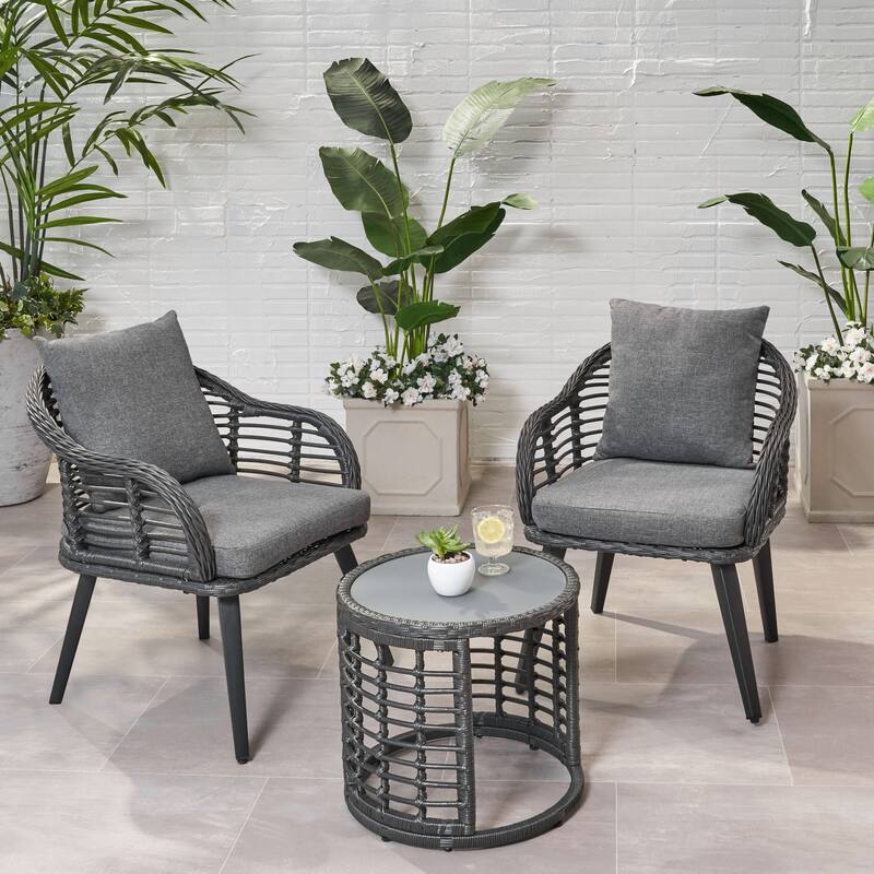 Tatiana Outdoor 3-piece Boho Wicker Chat Set by Christopher Knight Home - Gray+Black