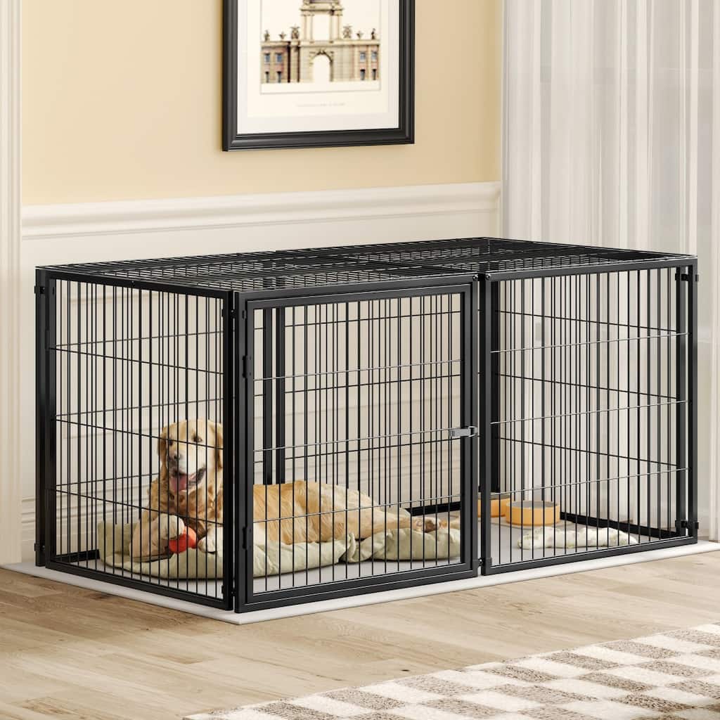 63" Large Indoor Dog Kennel with Top, Black Playpen for Medium Dogs