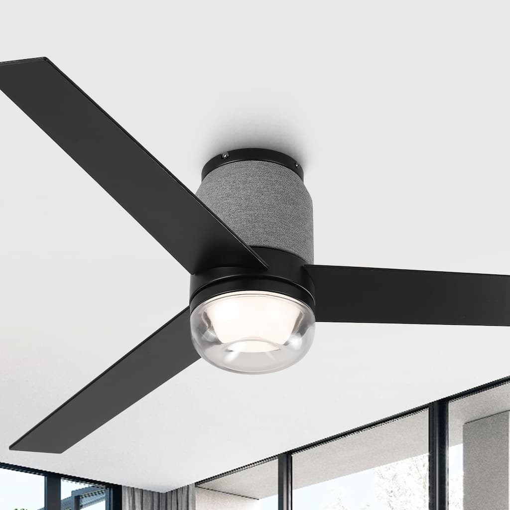 52" Modern Black RGB LED Smart Flush Mount Ceiling Fan with Light and Remote, App Control, Voice Control