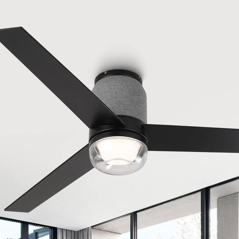 52" Modern Black RGB LED Smart Flush Mount Ceiling Fan with Light and Remote, App Control, Voice Control
