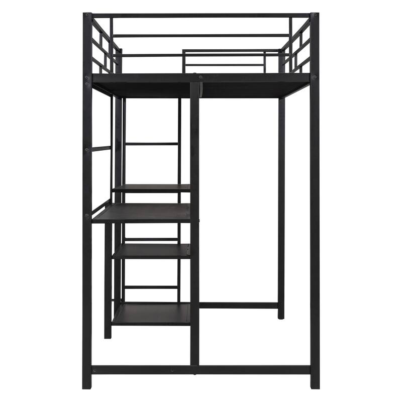 Twin Size Metal Loft Bed with Desk, Whiteboard, Shelves, and Ladder