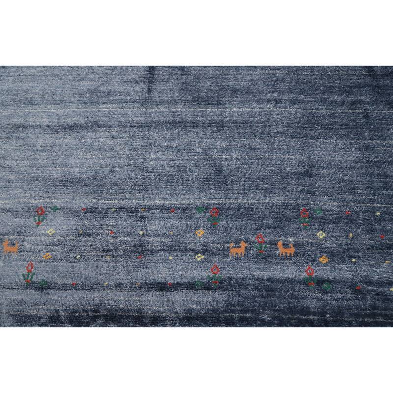Hand Knotted Oriental Viscose Silk Carpet Tribal Animal Pictorial Navy Blue & Blues Gabbeh Area Rug - 10' 5'' X 7' 10''