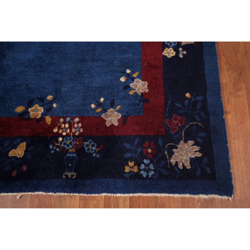 Vegetable Dye Blue Art Deco Chinese Antique Rug Handmade Wool Carpet - 6'1"x 8'10"