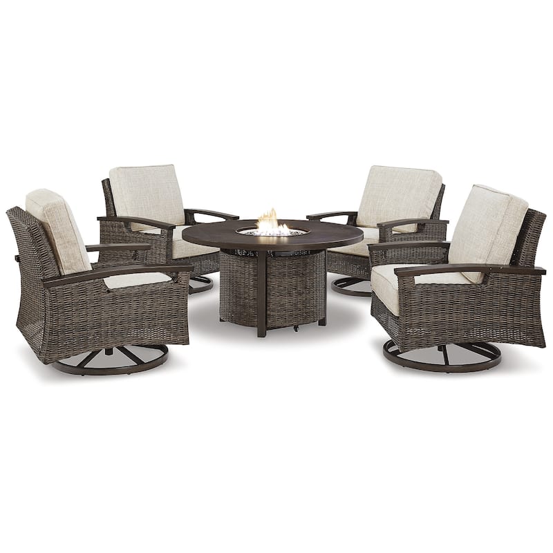 Signature Design by Ashley Paradise Trail Medium Brown/Beige Outdoor Fire Pit Table with 4 Nuvella Swivel Lounge Chairs