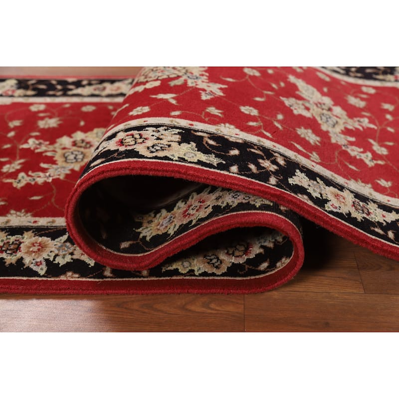 Red Floral Tabriz Chinese Runner Rug Handmade Wool and Silk Carpet - 2'5" x 8'1"