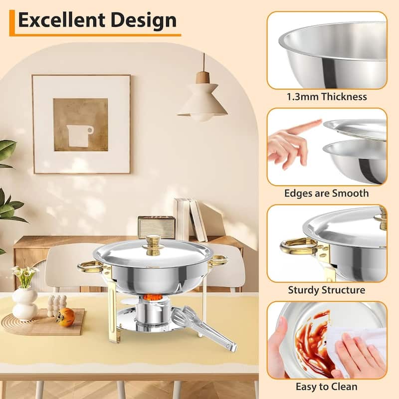 6 Pack 5QT Round Chafing Dishes Buffet Set with Lids - Includes Lid Holder Serving Spoon Tweezers