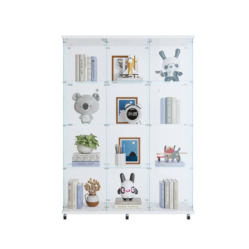 12 Shelves Glass Display Cabinet with 3 Columns and Lock, Curio Cabinets Tempered Glass Floor Standing Bookshelf for Living Room
