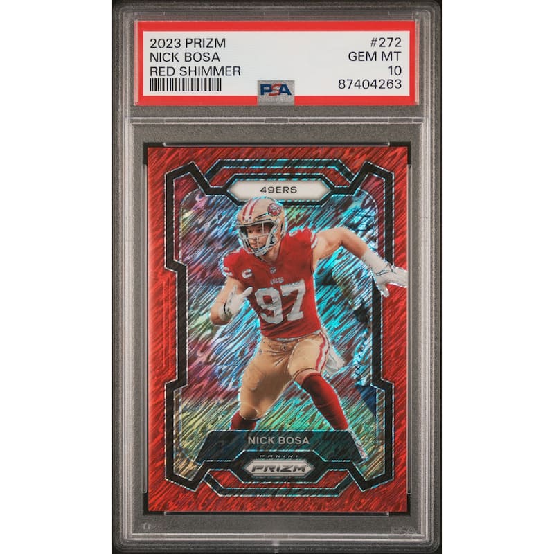 Nick Bosa 2023 Panini Prizm Red Shimmer Football Card #272 Graded PSA 10 18/35 Cert # 87404263 - 8' x 11'