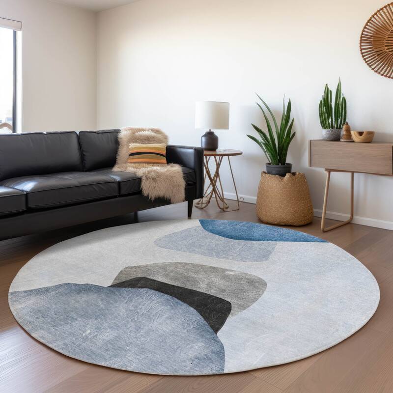 Machine Washable Indoor/ Outdoor Modern Abstract Chantille Rug - Blue - 8' x 8'
