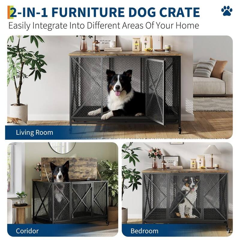 Large Dog Crate Furniture, with Flip Top and Wheels, 48"