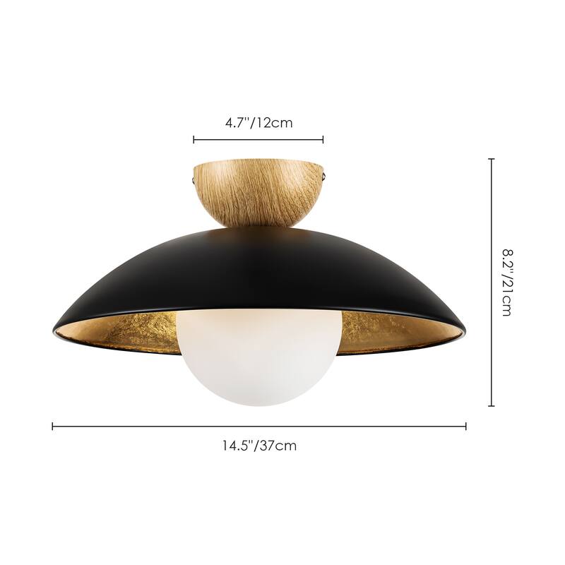 14.5 in. 1-Light Black/White Finish Wood Gold Leaf Dome Semi-Flush Mount Light with Opal Glass Globe