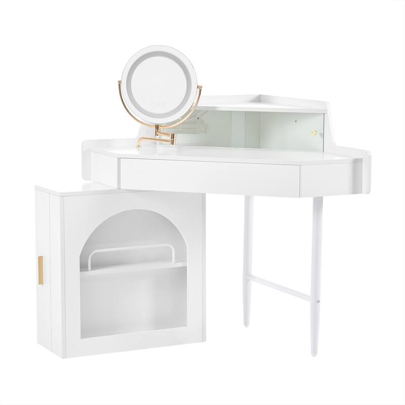 Corner Vanity Desk with Mirror & Lights, Wood Fluted Makeup Vanity Desk, Dressing Table with Large Storage Space