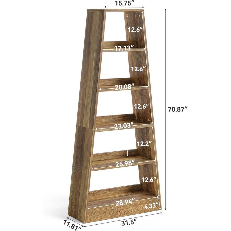 70.87 Inches Brown Engineered Wood Ladder Bookcase, 6 Tier Farmhouse Bookshelf for Living Room