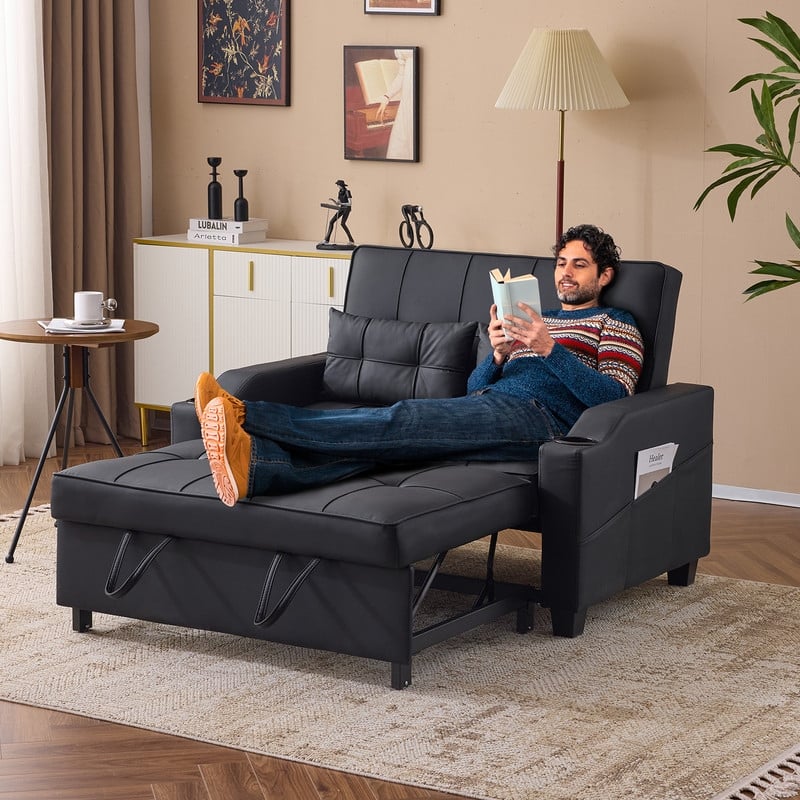 Upholstered Cat's Claw Leather Convertible Reclining Sleeper Sofa Bed With Cushions For Small Spaces