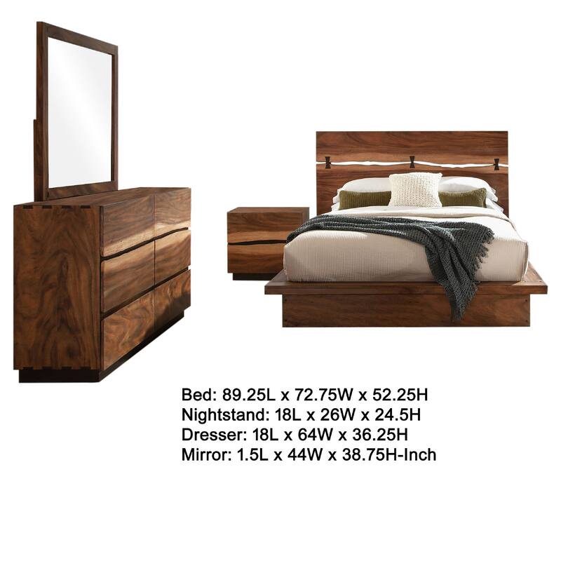 Zeko 4pc Queen Bedroom Set, Plinth Base, Live Edge, Smoky Walnut Brown