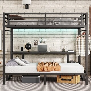 Black Metal Folding Bunk Bed with Desk,Storage,Led,Queen Over Twin XL Size for Bedroom