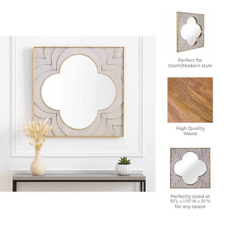 Decorative Large Square Wall Mirror - Wood and Brass Frame -35", Ivory - 35.0"