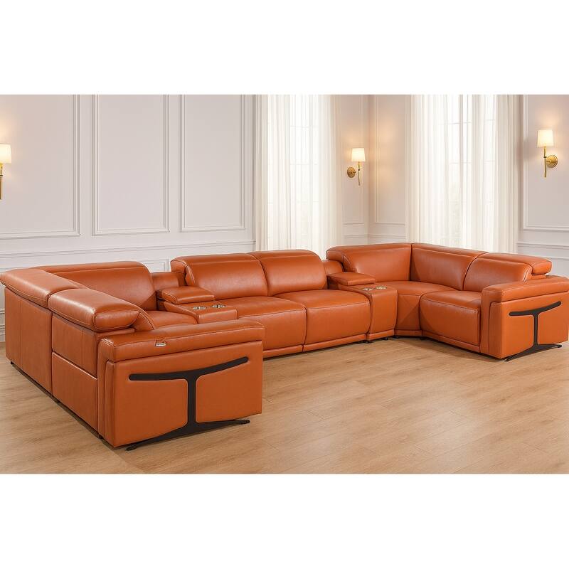 HomeRoots Camel Italian Leather Power Reclining U Shaped Eight Piece Corner Sectional With Console - Symmetrical - Camel