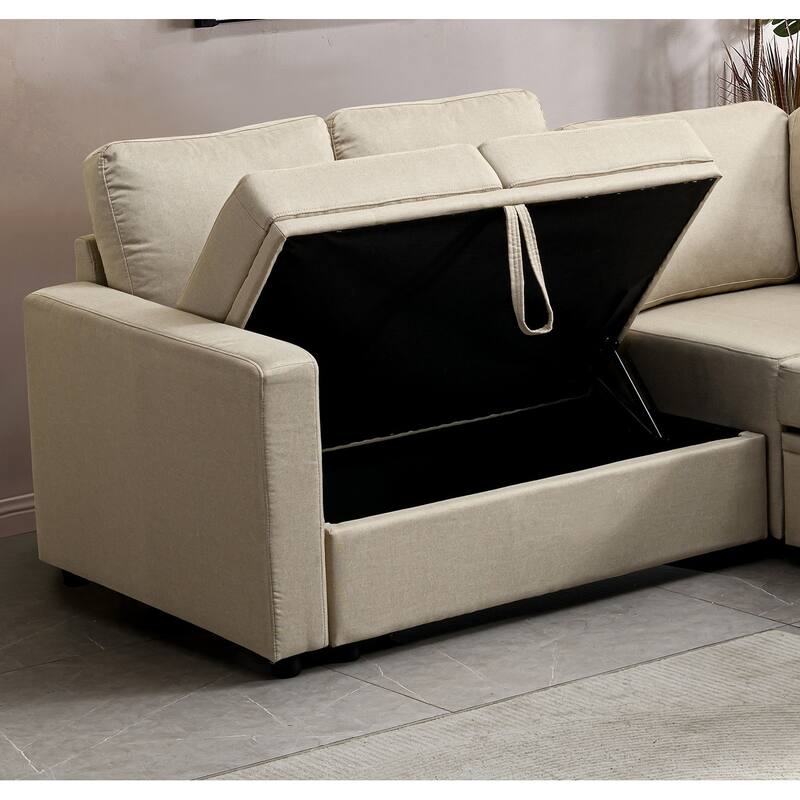 Sectional Sofa Bed, Beige, Polyester, 82x82x35 inches - Space-saving & Easy Install
