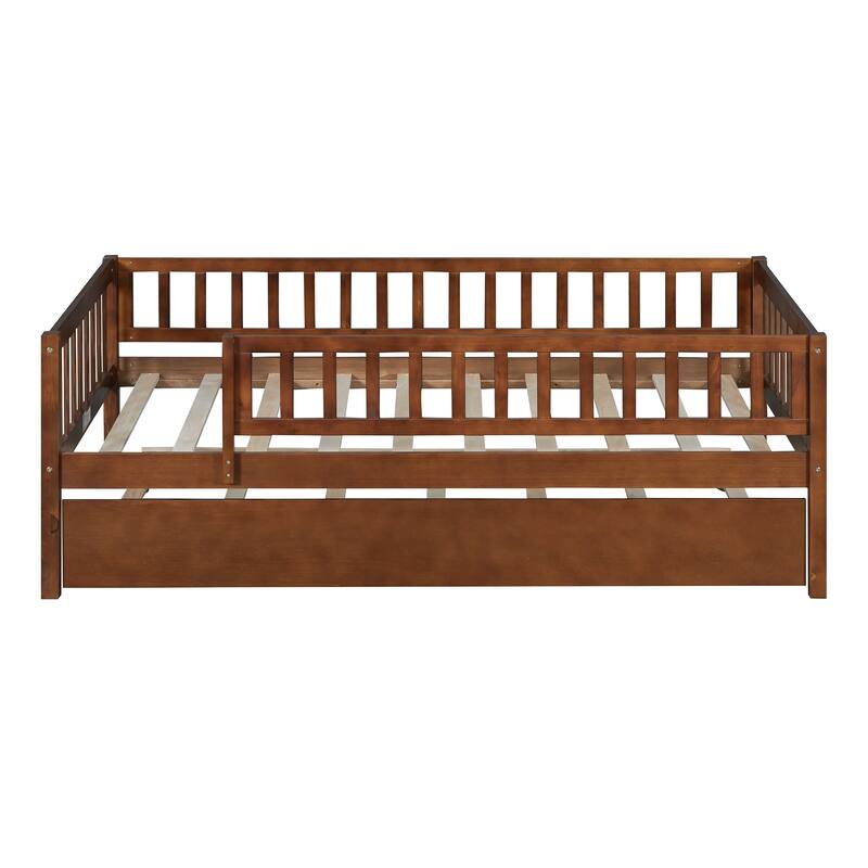 Twin Size Wood Daybed with Trundle and Safety Guardrails, Walnut Finish