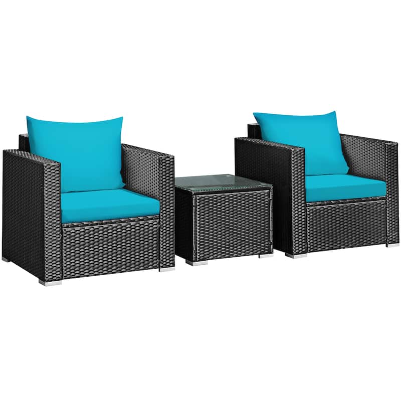 3 PCS Patio Wicker Bistro Set Outdoor Rattan Sofa and Table Set - Turquoise