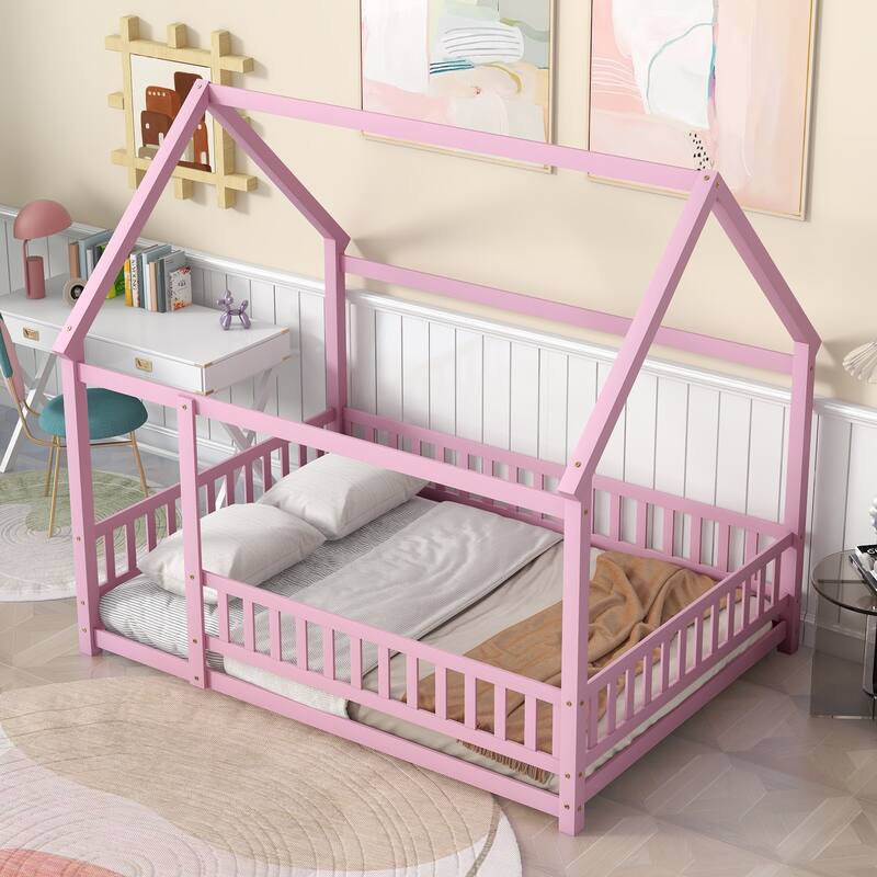 Full Size Wooden Floor Bed with House Roof Frame, Fence Guardrails for Kids, Bedroom