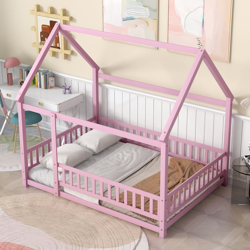 Grey Full Size House Frame Floor Bed with Safety Fence Design