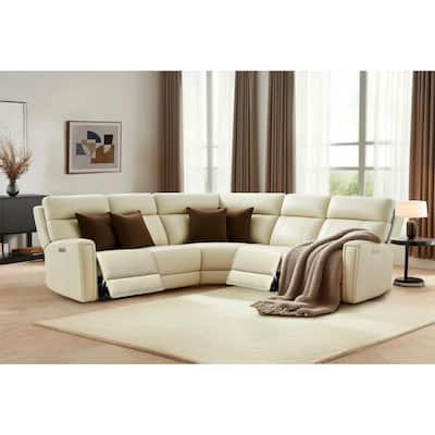 Genuine Leather Power Recliner Sectional Sofa with Ajustable Headrest, Dual Power, USB&USB-C Port
