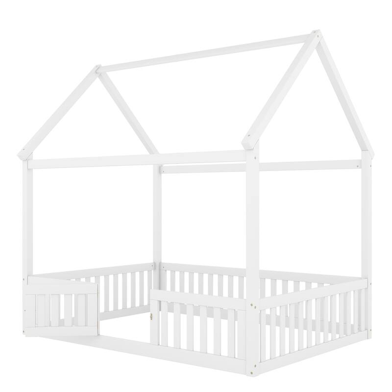 Full Size White Wood House Bed with Fence and Door for Kids