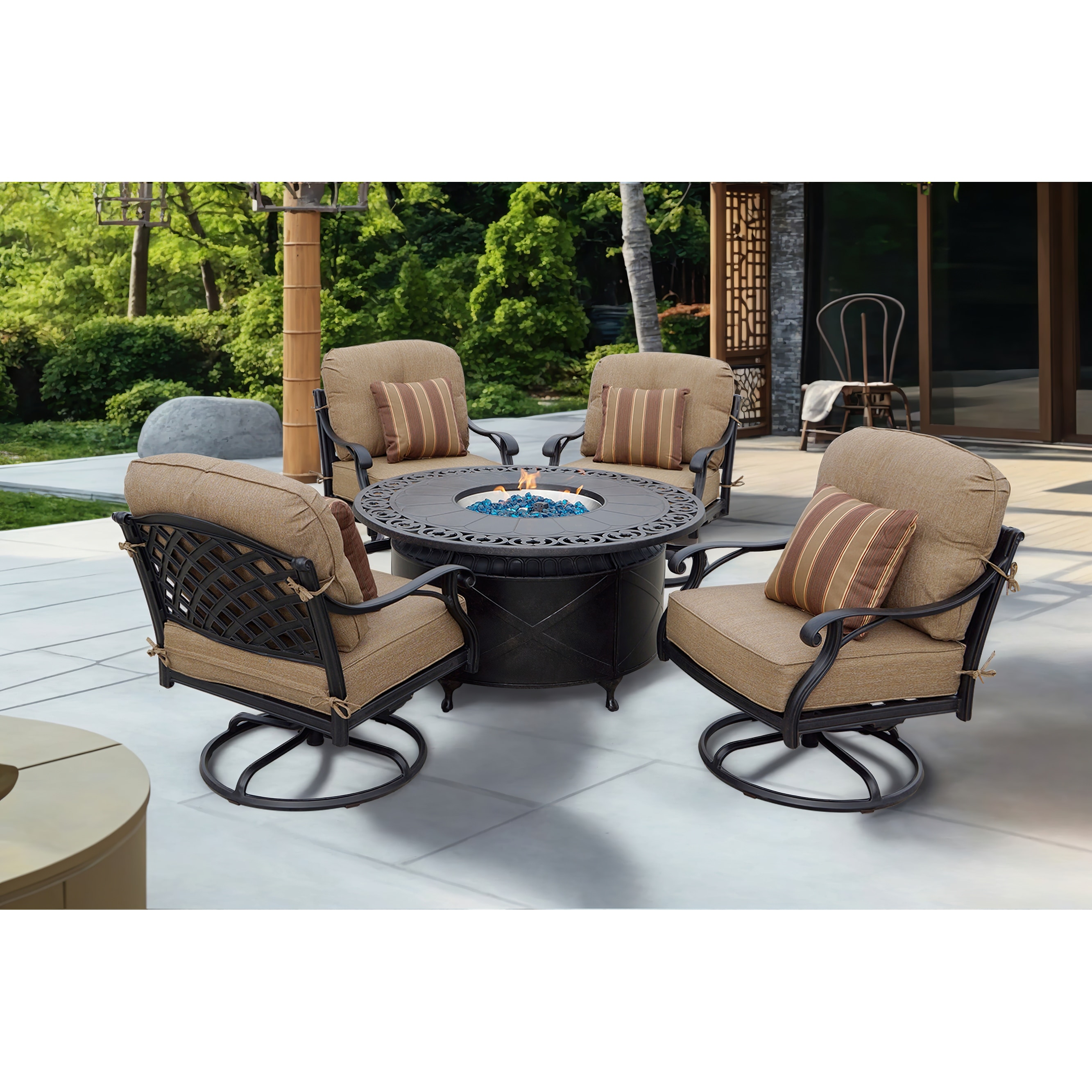 Nassau 5-Piece Patio Propane Fire Pit Rocker Club Conversation Set