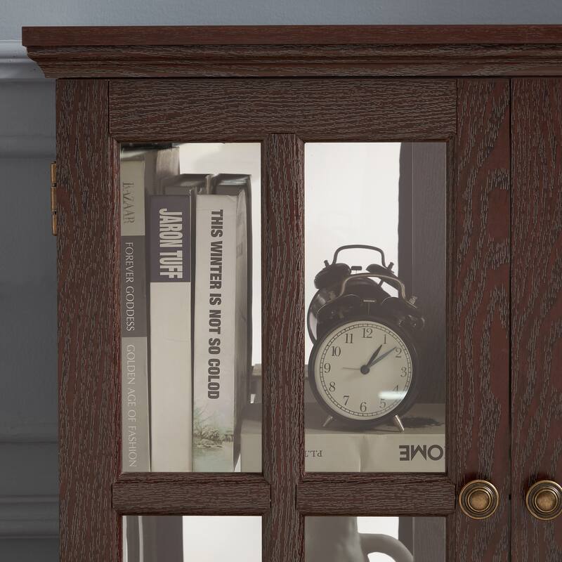 LED Curio Display Cabinet with Adjustable Glass Shelves, Antique Style Storage Cabinet with Lattice Doors