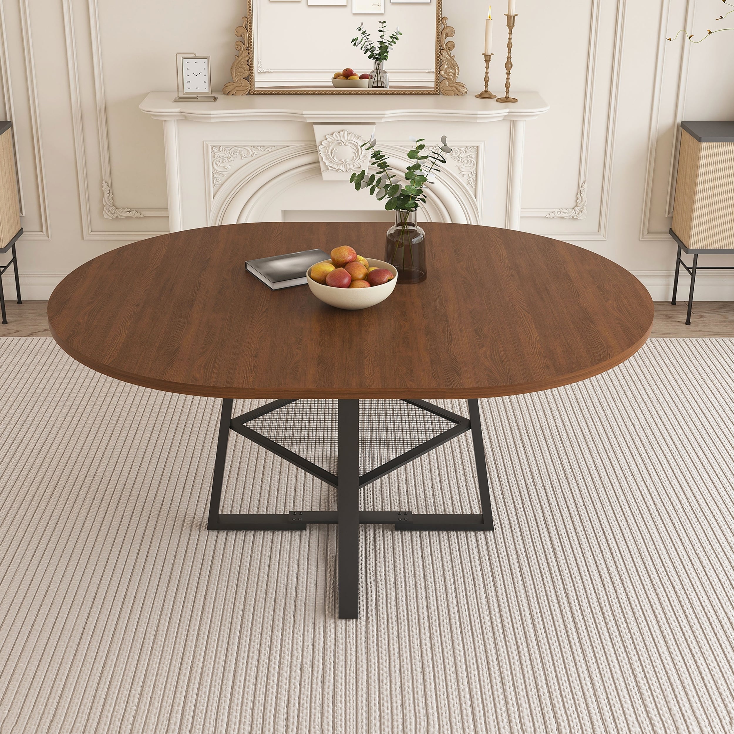 47 Inch Extendable Round Dining Table with Storage, Metal Frame,and Thickened Top for 4-8 People