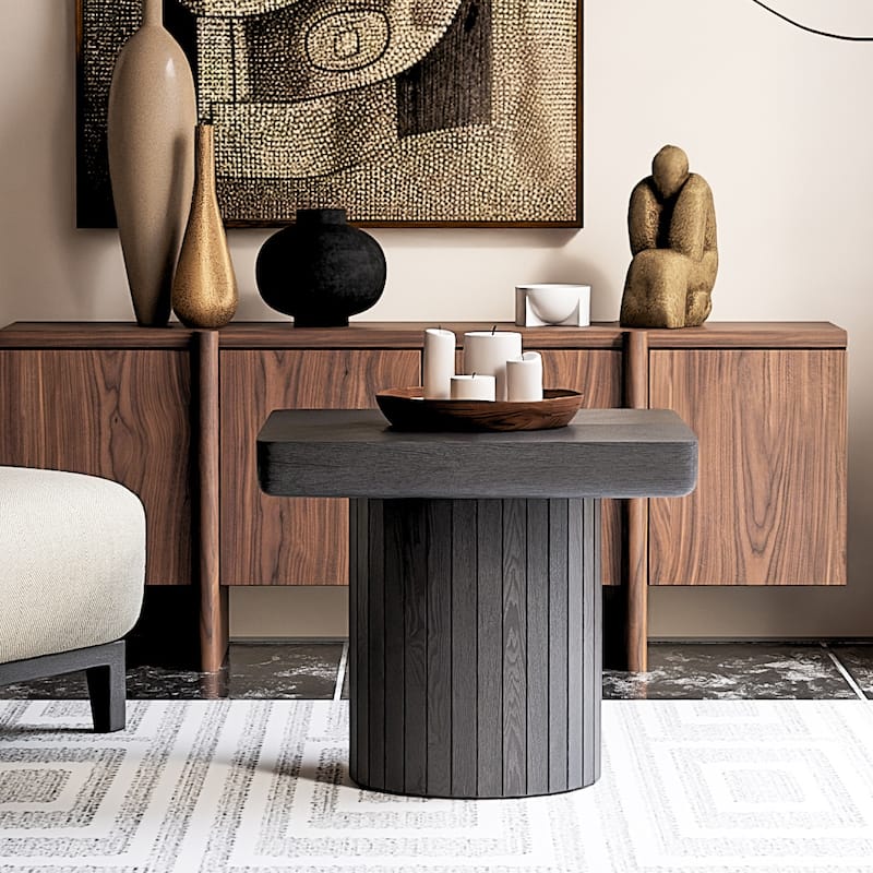 Solid Wood End Table for Living Room, 23.6'' Square Side Table Accent Table with Grooved Cylindrical Base & Thickened Top