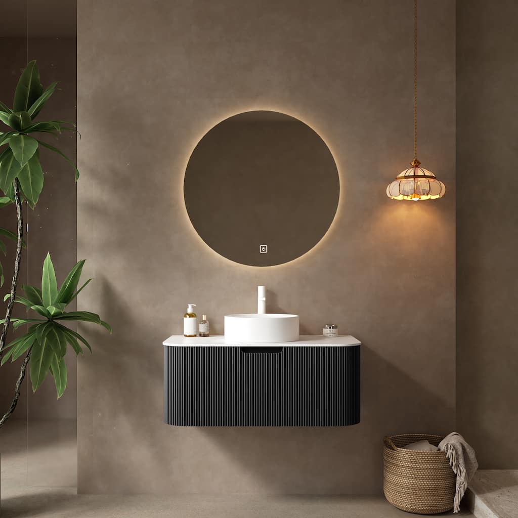 36" Bathroom Vanity with Sink, Modern Wall-Mounted Floating Curved Edges Striped Bathroom Storage Cabinet with a Drawer