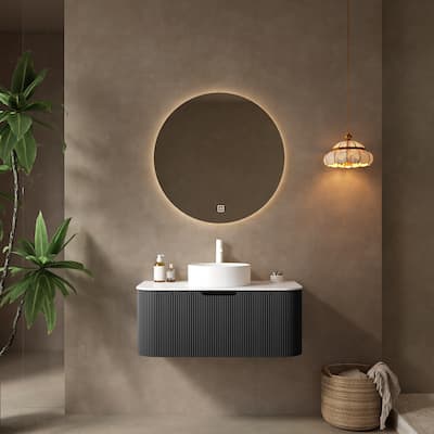 Modern Floating 36-Inch Bathroom Vanity with Round Ceramic Basin and Black 3D Striped Cabinet