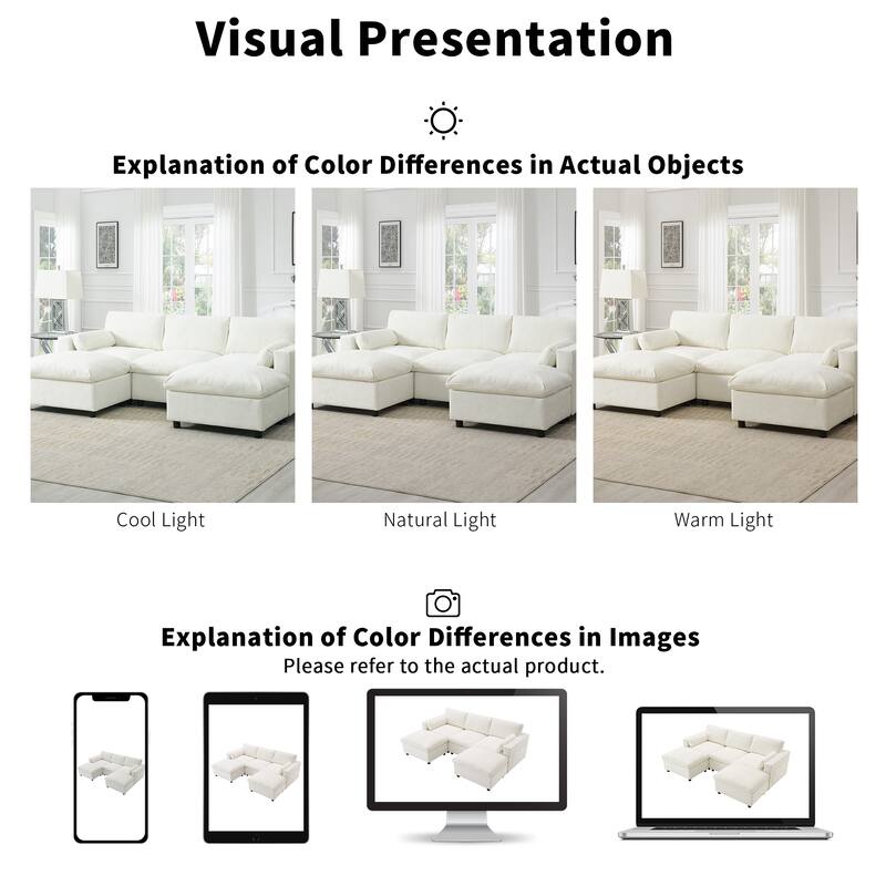 U-Shaped Sectional Sofa with Removable Ottomans, Convertible Sleeper Bed with Storage Pockets, Chenille Upholstered Cloud Couch