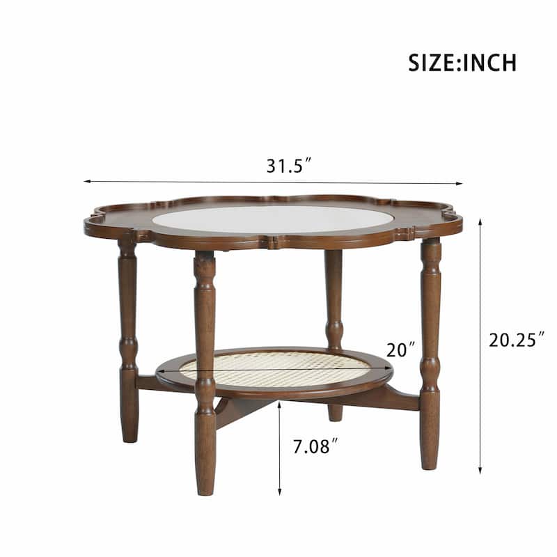 Mid-Century Style 2-Tier Coffee Table with Petal-Shaped White Crackle Pattern Glass