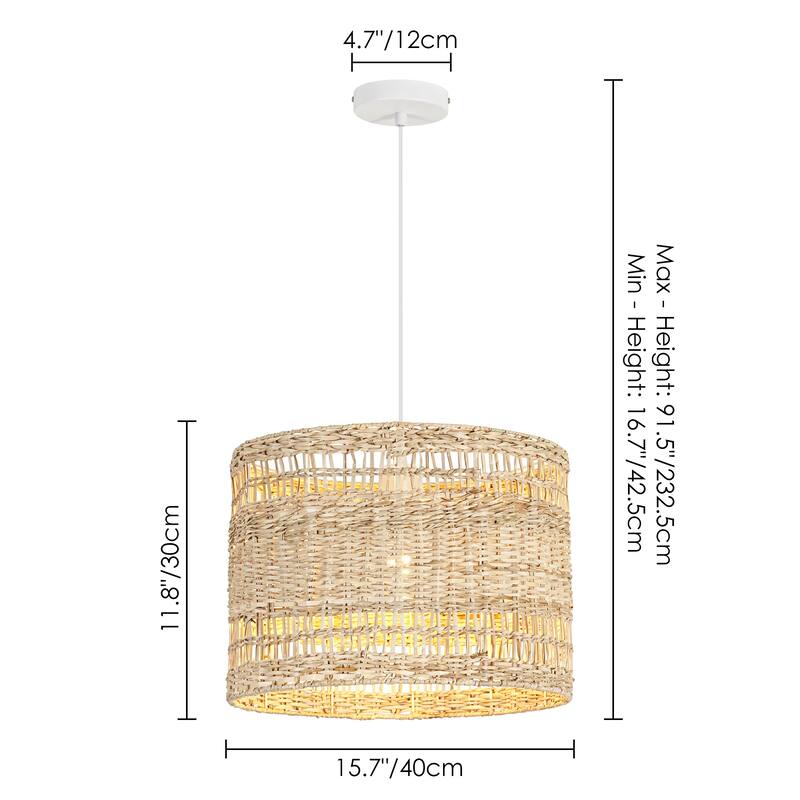 1-Light Boho Coastal Cylindrical Drum Woven Pendant Light with Matte White Finish and Herbaceous Rattan Shade