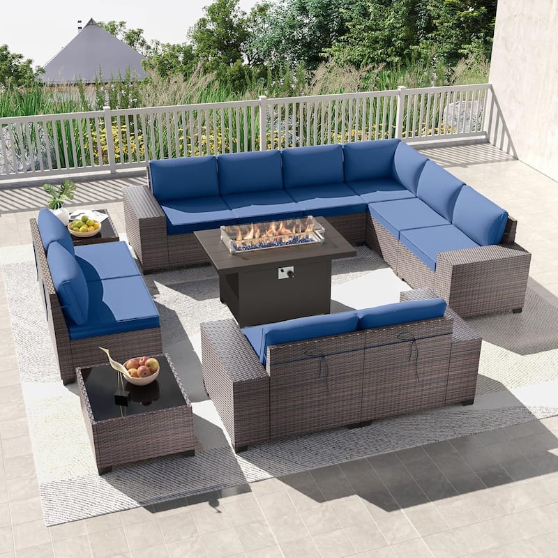Delnavik 13 Pieces Outdoor Patio Furniture Set with Fire Pit Table w/ Wide Armrests