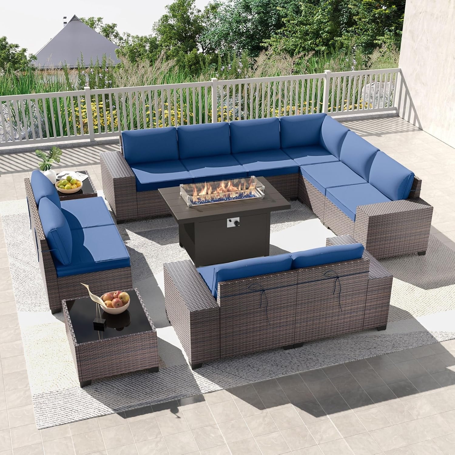 Delnavik 13 Pieces Outdoor Patio Furniture Set with Fire Pit Table w/ Wide Armrests