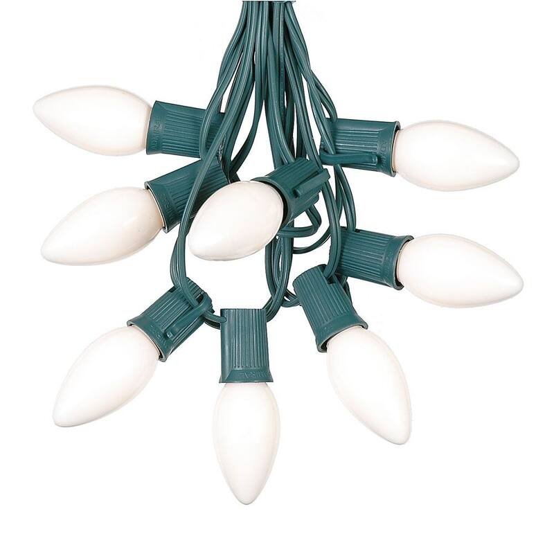 100 Foot C9 Ceramic Christmas Light Set, Hanging String Lights, Green Wire - White