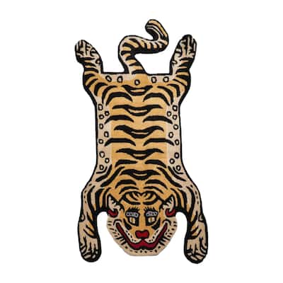 Hand Tufted Hand Made Wool Tiger Novelty Oriental Area Rug Gold - 3' x 5'