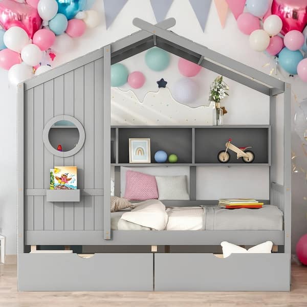 slide 2 of 14, Modern Full Size House Bed Kids Bed with 2 Drawers and Storage Shelf,Solid Construction Grey