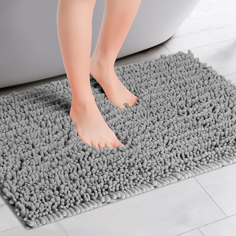Chenille Bathroom Rugs Non-Slip Bath Mat, Plain Washable Soft Shower Mat, for Bathroom Floor - Gray - 16" x 24"