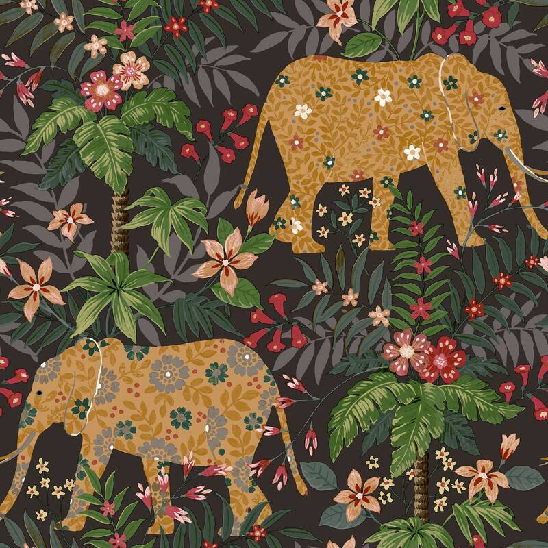 Galerie Wallcoverings Into The Wild Floral Elephant Non-woven Metallic Wallpaper Roll