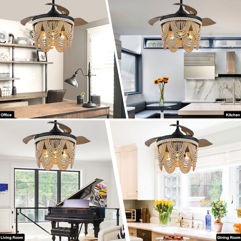 Cusp Barn 42" Retractable Ceiling Fan with Light,Farmhouse Bohemian Chic Fan Light,Wooden Bead Chandelier,Quiet DC Motor,6 Speed