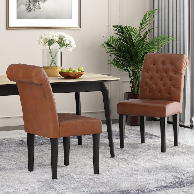 Button Tufted Wood Dining Chair with a Graceful Rolled Top