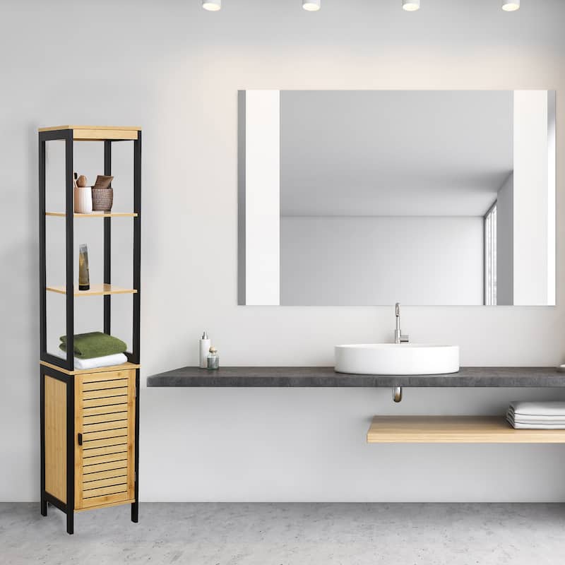 Natural Slim Storage Cabinet with Shelves, Modern Black Frame - 13.4"L x 12"W x 68"H